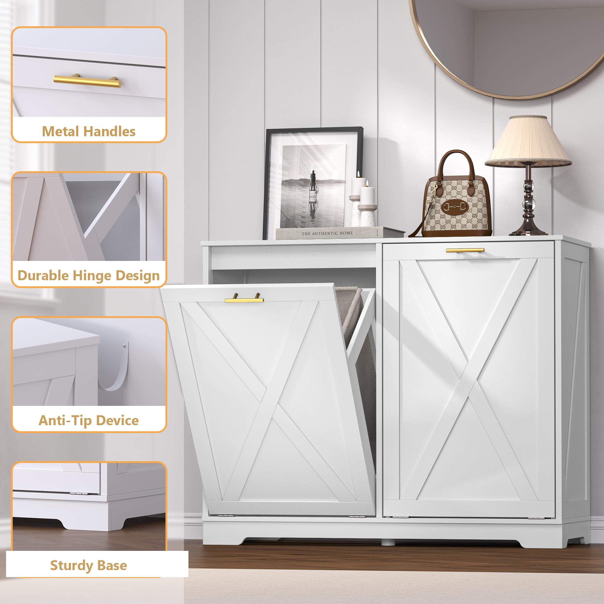 Tilt Out Trash  Cabinet for 2 Bins, Hidden Recycle Garbage Bin Enclosure, Wooden Double Laundry Cabinet with Odor Control, Negative Ion & Ozone, for Kitchen, Bathroom, Laundry Room