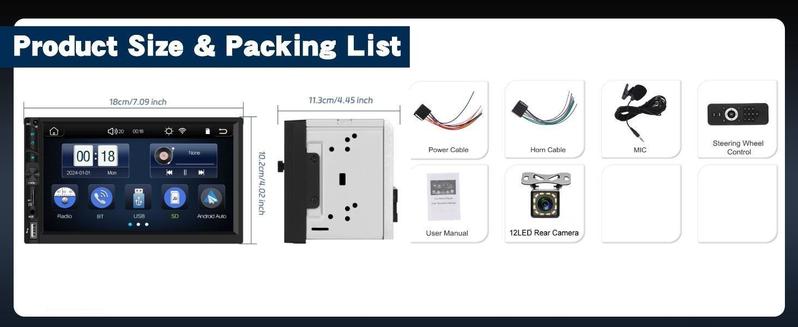 Double Din Wireless Carplay Android Auto Car Stereo, 7” IPS Touch Screen Car Audio Receiver with YouTube Video Playback, WiFi GPS FM Bluetooth Hands-Free, Mirror Link, Backup Camera, EQ, USB/AUX/SWC, MIC, Father's Day Gift