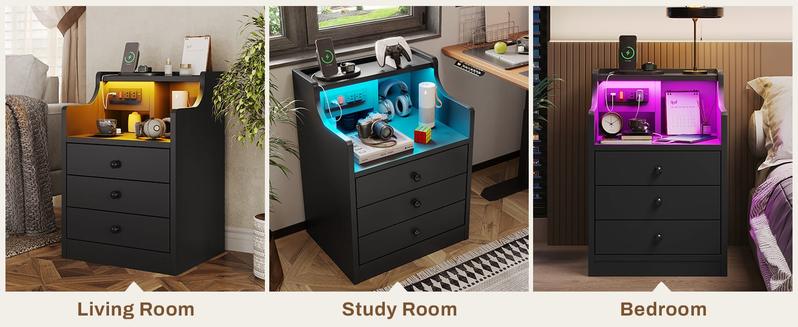 Sikaic LED Nightstand With Hutch Drawers Charging Station Bedroom Dresser Table