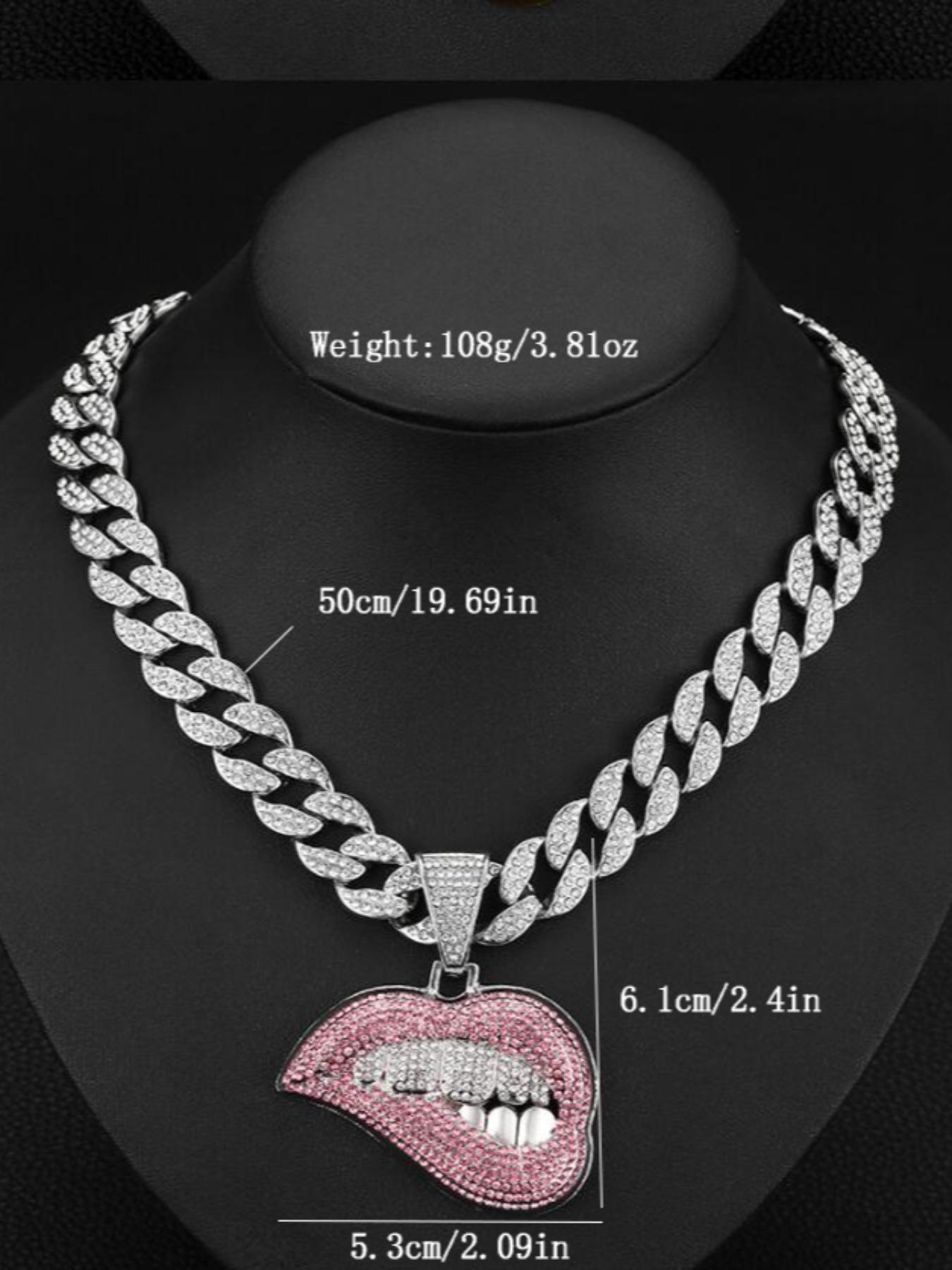 Silver Iced Out Pink Lips Pendant Necklace - Cuban Link Chain Hip Hop Jewelry for Men Women iced out necklace, cuban link necklace, lips necklace, pink lips pendant, hip hop jewelry, silver cuban chain, rhinestone necklace, two tone necklace, grillz jewel