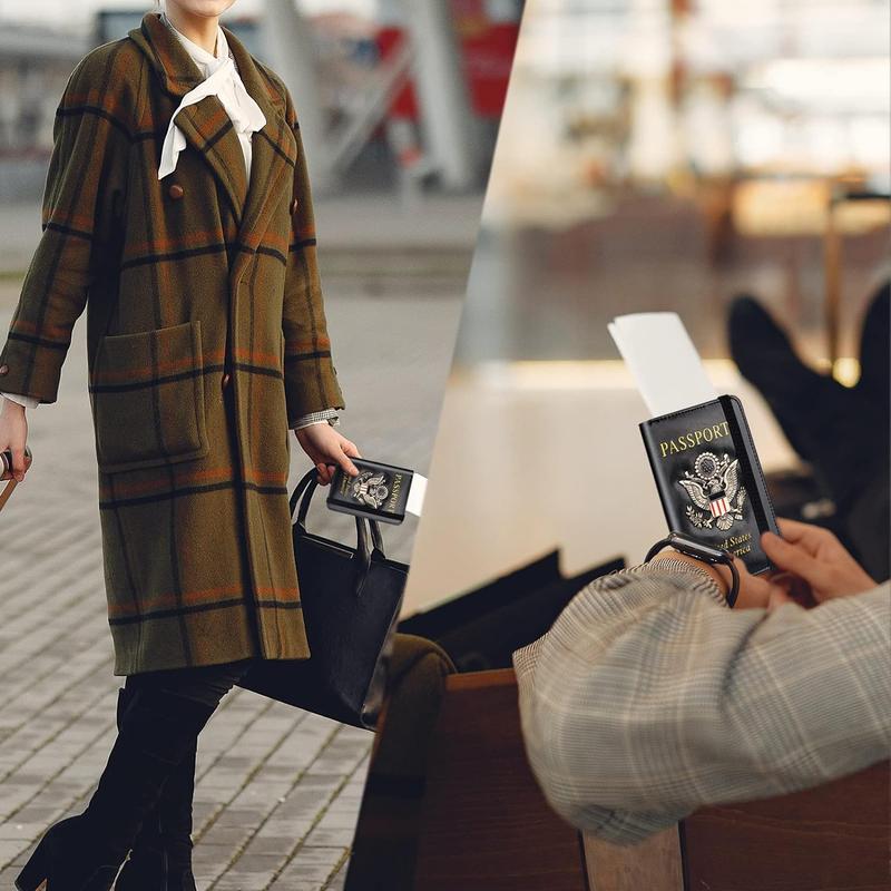 Minimalist RFID Blocking Passport Holder Wallet Cover Case for Women Men Family 3D Metal US Logo PU Leather Travel Wallet with Multiple Pockets