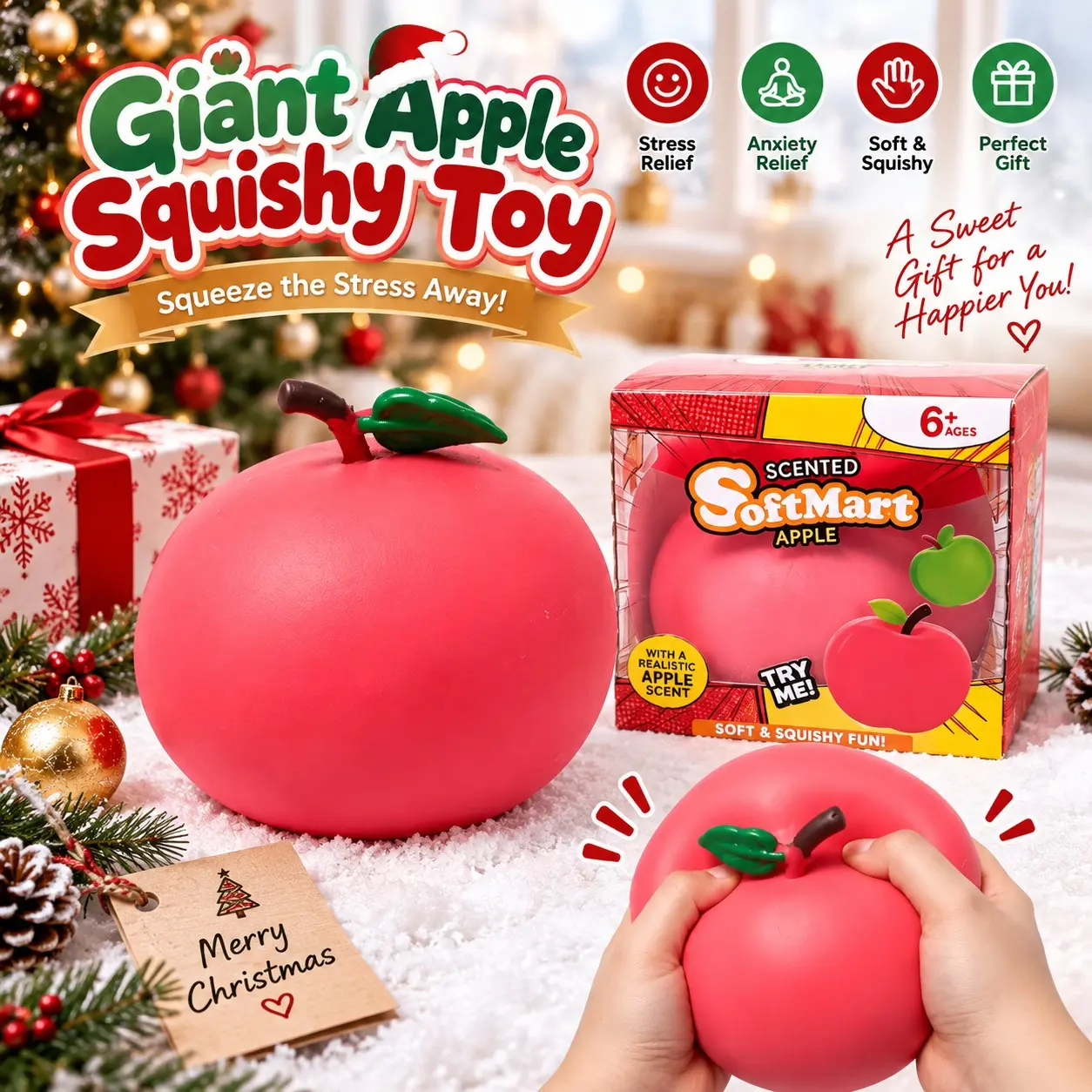 Giant Christmas Themed Apple Squishy Toy, Squeeze Sensory Fidget Toy for Anxiety Relief, Soft Slow Rise Stress Relief Toy, Creative Holiday Gift for Boys & Girls, Premium Gift Choice with Gift Box Packaging, Soft Sensory Squishies