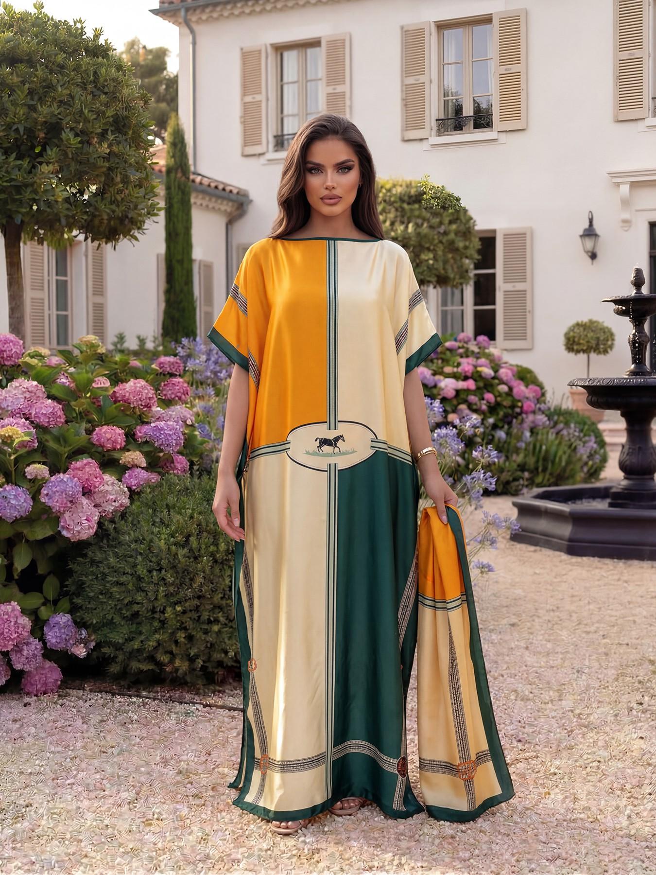 Women's Luxury Equestrian Style Silk Robe Set, Long Cape Dress + Scarf Headband, Beach Outdoor Sun Protection, All Seasons Chic Fashion