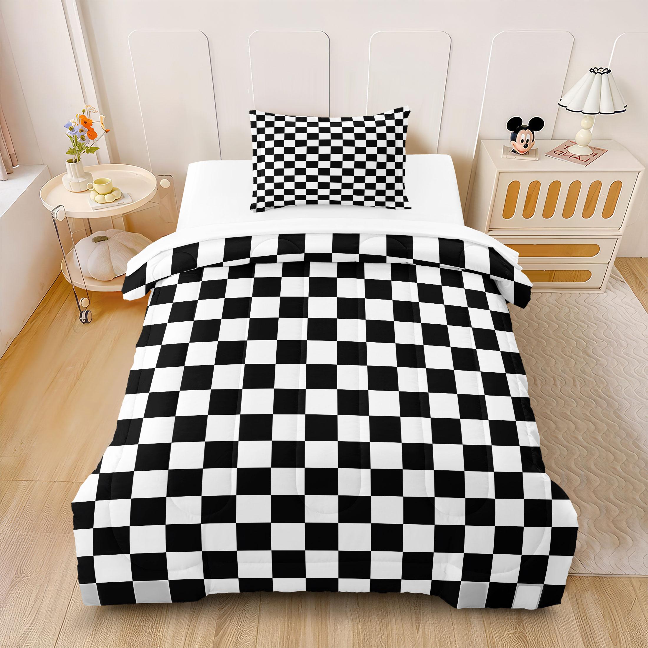 3 Pcs Geometric Checkerboard Print Comforter Set, Modern Minimalist Bedding Set, Soft Warm Lightweight with HD Digital Print, Fade Resistant & Breathable, Ideal for Bedroom Dorm Guest Room Decor, All Season Use