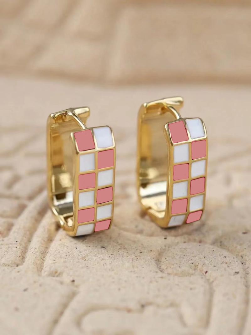 Checkerboard Pattern Hoop Earrings, Fashionable Casual Enamel Drip Earring Clip for Women for Party, Daily Decor, Trendy All-match & Exquisite Jewelry for Gift, High Quality Earrings