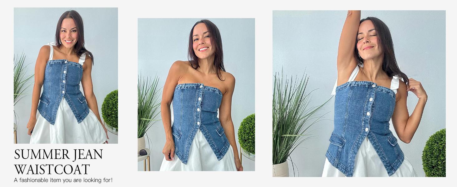 Cicy Bell Women's Strapless Denim Vest Summer Button Down Jean Tube Tops Y2k Going Out Fitted Bandeau Shirts Waistcoat Blue Minimalist Basic Matching Casual Cicy Bell Women's Strapless Denim Vest Summer Button Down Jean Tube Tops Y2k Going Out Fitted Bandeau Shirts Waistcoat Blue Minimalist Basic Matching Casual