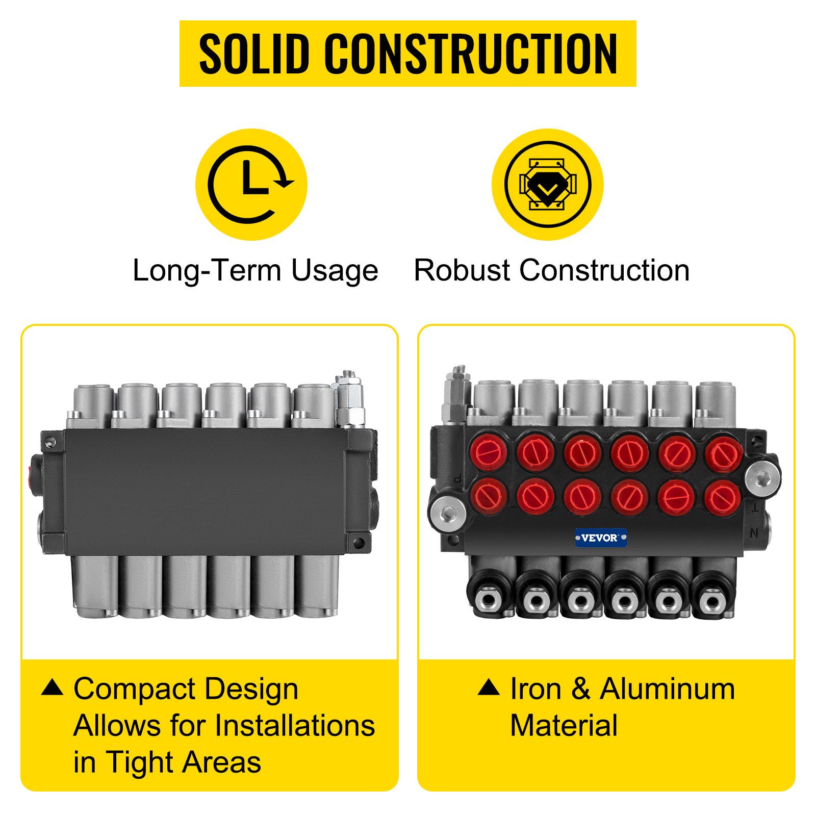 VEVOR P-Iron Chrome Hydraulic Directional Control Valve - 6 Spools, 11 GPM, 3600 PSI Loader Valve for Tractors, Tanks with Press-Punching Machines Compatibility