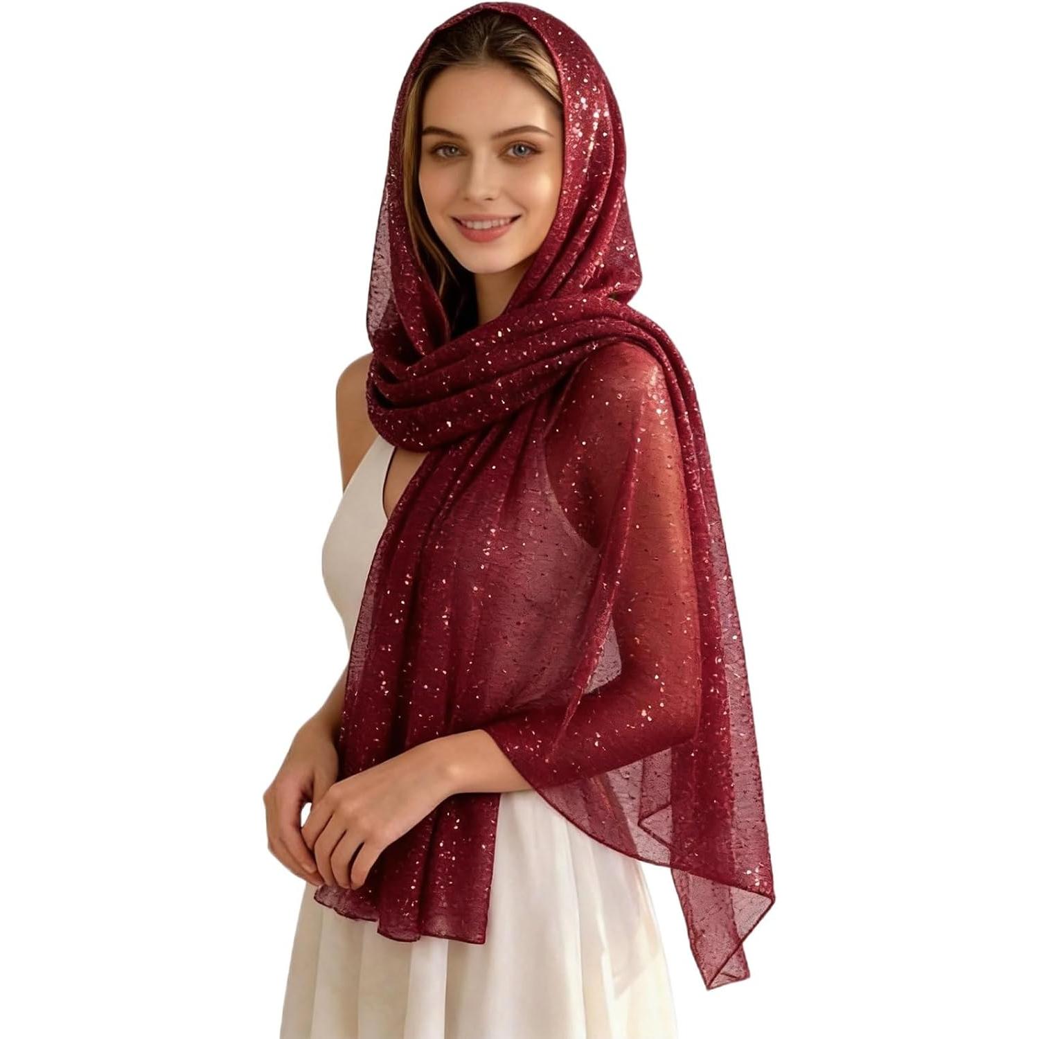 Women Sequin Scarf Sparkly   Scarf Hijab Sheer Mesh Scarves Glitter Shawls and Wraps for Evening Dresses