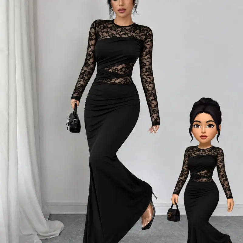 Sheer Floral Lace Long Sleeve Fish Tail Floor-Length Dress, Elegant Chic Fitted Waist Slimming Bodycon Gown for Parties and Weddings