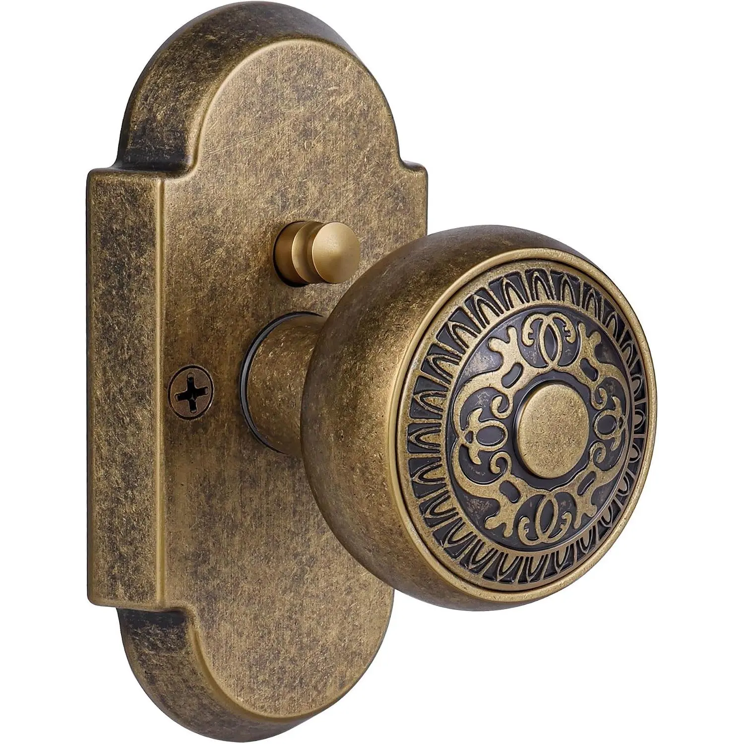 Antique Brass Privacy Door Knobs - Zinc Alloy Interior Door Knob with Push-Button Lock, 1 Pack for Bedroom & Bath
