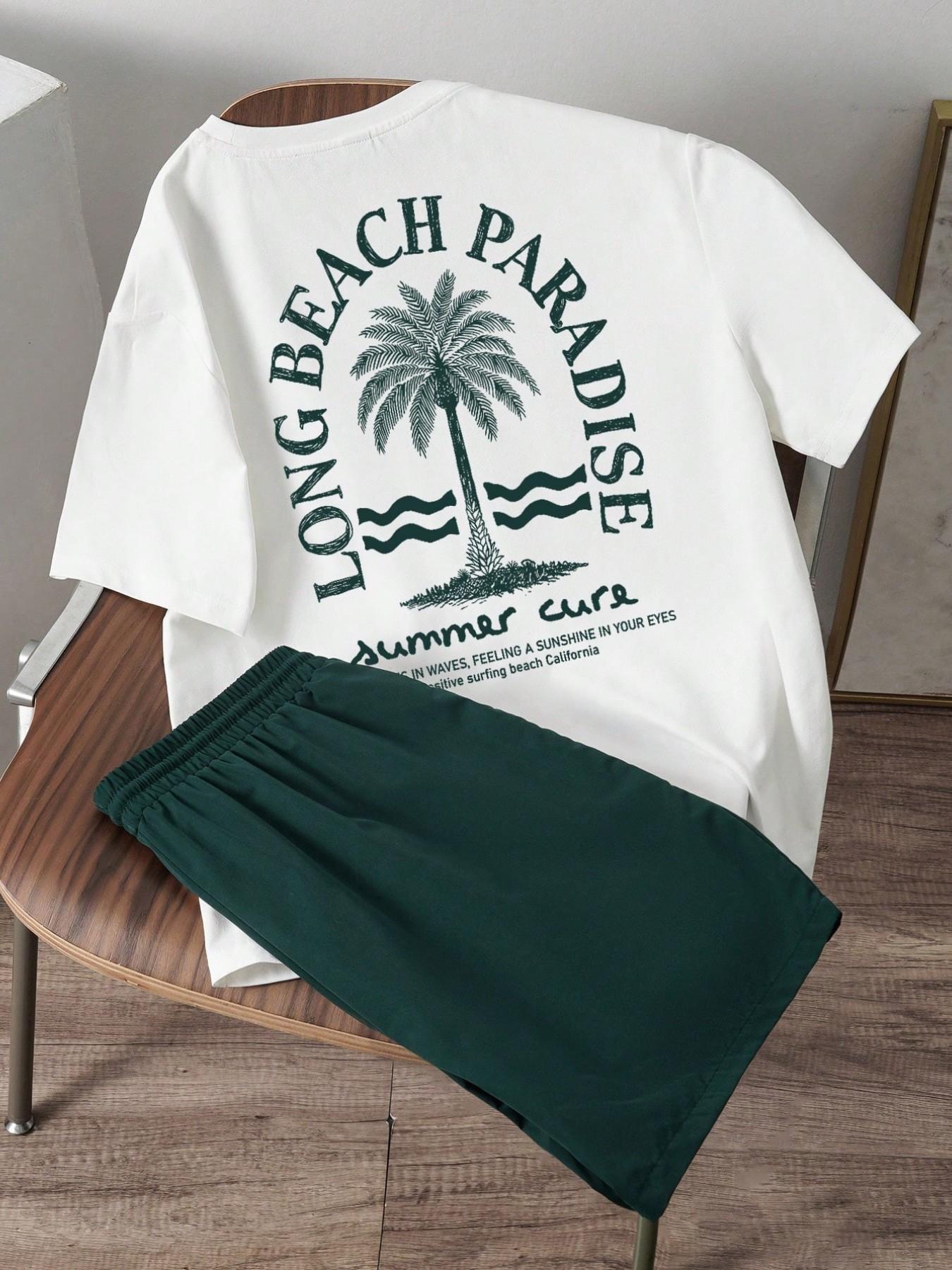 Men's Summer Best-Seller Collection: Coconut Tree Print, White and Pink Color-Blocked Casual Two-Piece Men's Sports Set  Perfect for everyday casual wear and running, loose-fitting and breathable