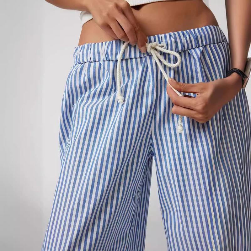 Tanming Women Casual Drawstring Striped Pants Wide Leg Pants Elastic Waist Trousers with Pockets