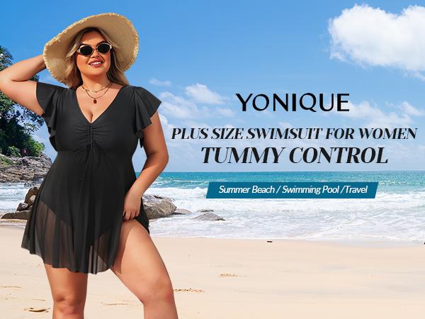 Yonique Plus Size One Piece Swimsuit for Women Tummy Control Swimdress Ruffle Sleeve Bathing Suit