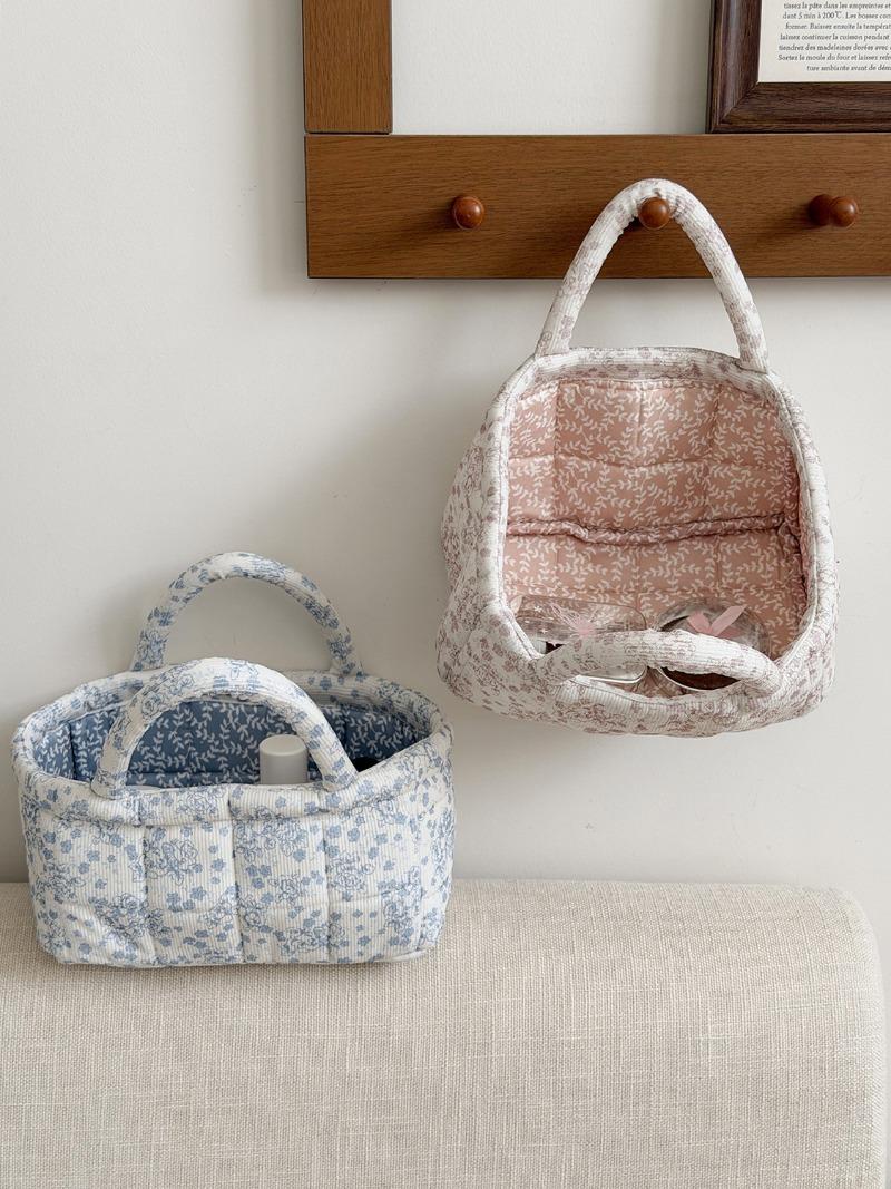 Flannel Peony Storage Basket, Floral Quilted Handheld Organizer, Desktop Living Room Bedroom Sorter, Cosmetic Bags