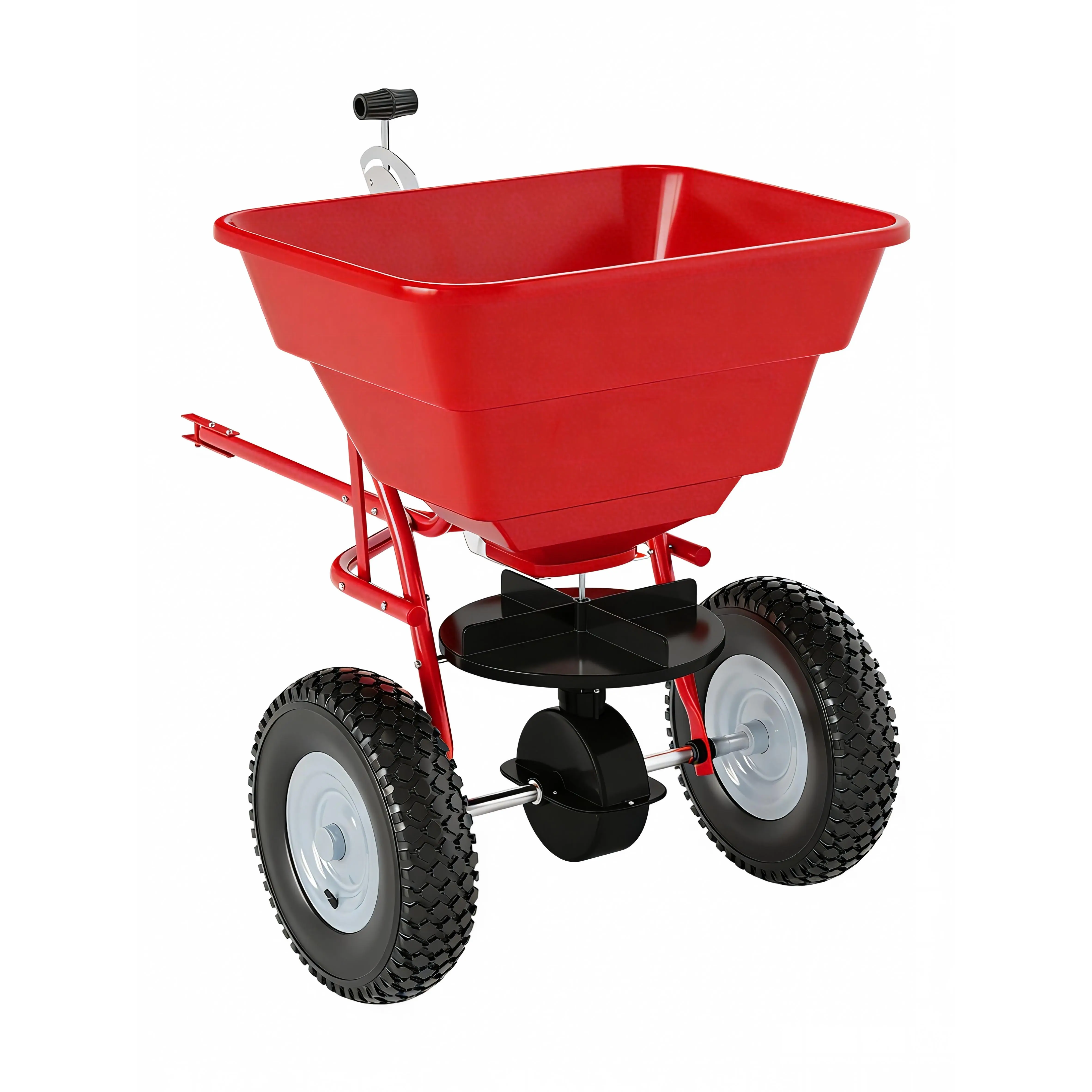 85lb Tow-Behind Broadcast Spreader for Lawn & Garden – 10" Pneumatic Tires – Adjustable Stream Control – Fertilizer, Seed, Salt, Ice Melt – Heavy-Duty Spreader – Red