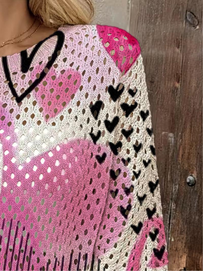Spring and summer, round collar hollow out loose even shoulder sleeve blouse, bat hit color gradient printing multiple love lady knitted blouse, valentine's day holiday wind, casual elegant commuter vest smock, bikini smock, Bohemia resort wind sea smock