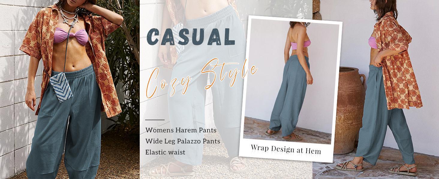 JovenPara Womens Cotton Wide Leg Sweatpants Elastic Waisted Baggy Loose Beach Palazzo Harem Pants with Pockets Womenswear  Basic Bottom Wideleg Khaki Minimalist