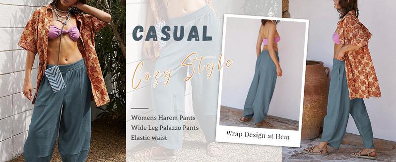 JovenPara Womens Cotton Wide Leg Sweatpants Elastic Waisted Baggy Loose Beach Palazzo Harem Pants with Pockets Womenswear  Basic Bottom Wideleg Khaki Minimalist