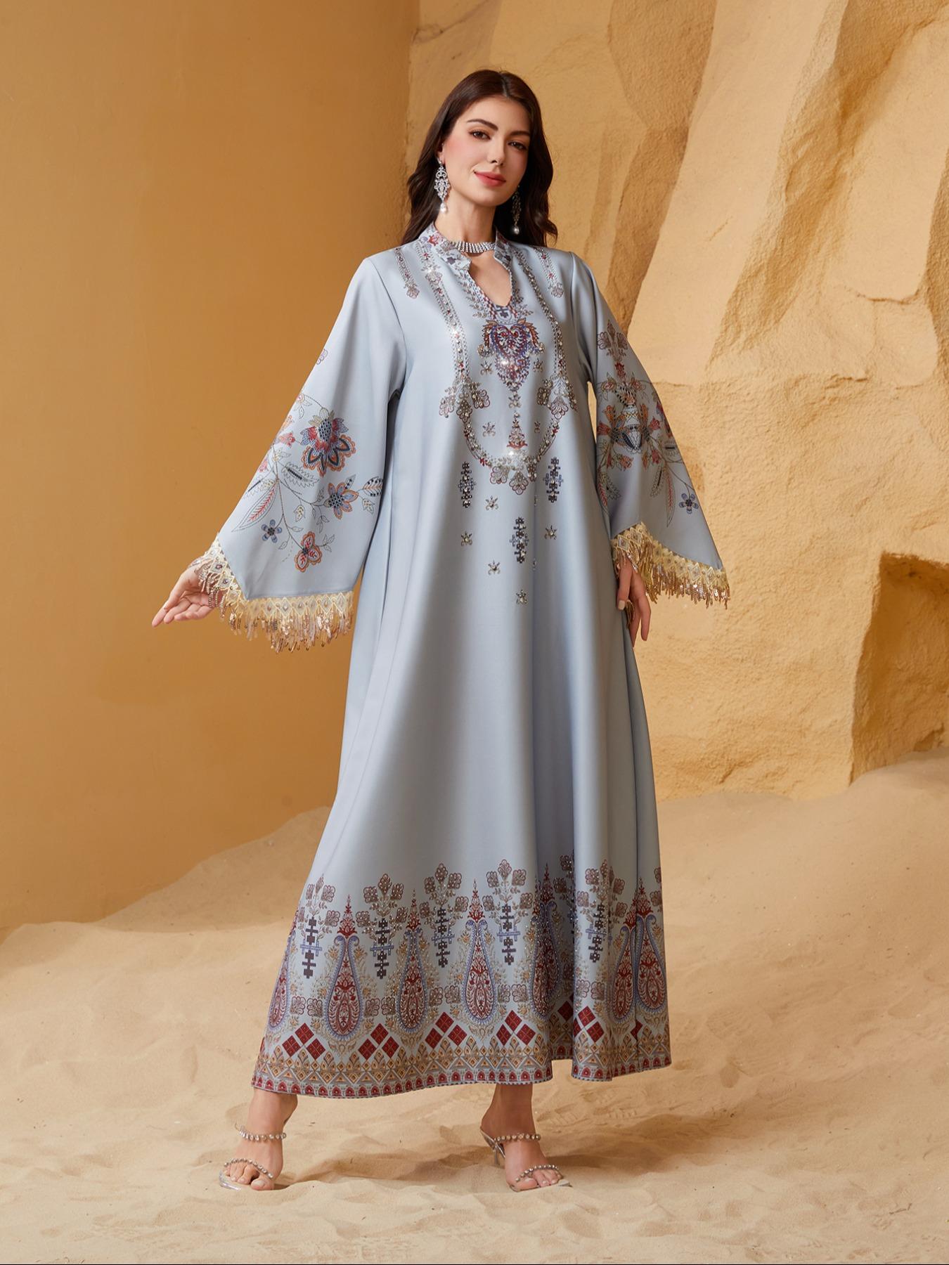 Women's Elegant Long Dress, Loose Fit Ethnic Print, Lace-Up Design, All-Season Wear, Perfect for Evening Occasions & Special Events
