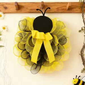 Easter Bee Wreath Door Hanging, Honeycomb Net Flower Ring Decoration, Outdoor Garden Scene Prop, Holiday Occasion Decor