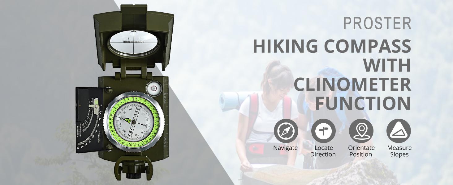 Proster Lensatic Sighting Compass IP65 Waterproof with Clinometer Bag | Waterproof Shockproof Built-in Clinometer Luminous Dial Arrow Metal Foldable Lid For Camping Hiking Hunting Geology