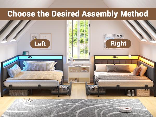 Hasuit Corner Bed Frame with Storage Drawers, Twin Daybed with Line Fabric Upholstered Fence, Kids Bed Unit with LED Light and Charging Station, Modern Bed Frame Twin Size,(No Mattress )