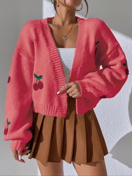 【Plus Size】 Cherry Embroidery Drop Shoulder Open Front Cardigan, Casual Long Sleeve V Neck Knitwear for Spring & Fall, Women's Plus Clothing for Daily Wear