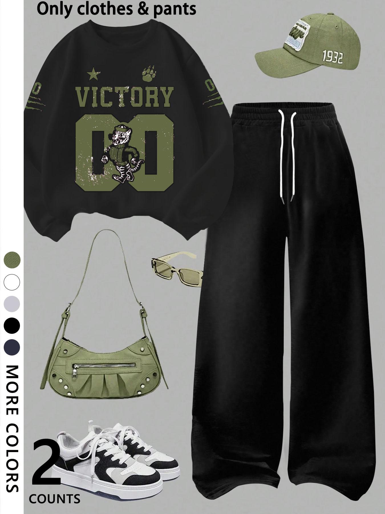 Girls' casual cool Graphic pattern print round neck pullover sweatshirt top and loose casual wide-leg pants, military green fashion dress, suitable for daily and going out Girls' casual cool Graphic pattern print round neck pullover sweatshirt top and loose casual wide-leg pants, military green fashion dress, suitable for daily and going out