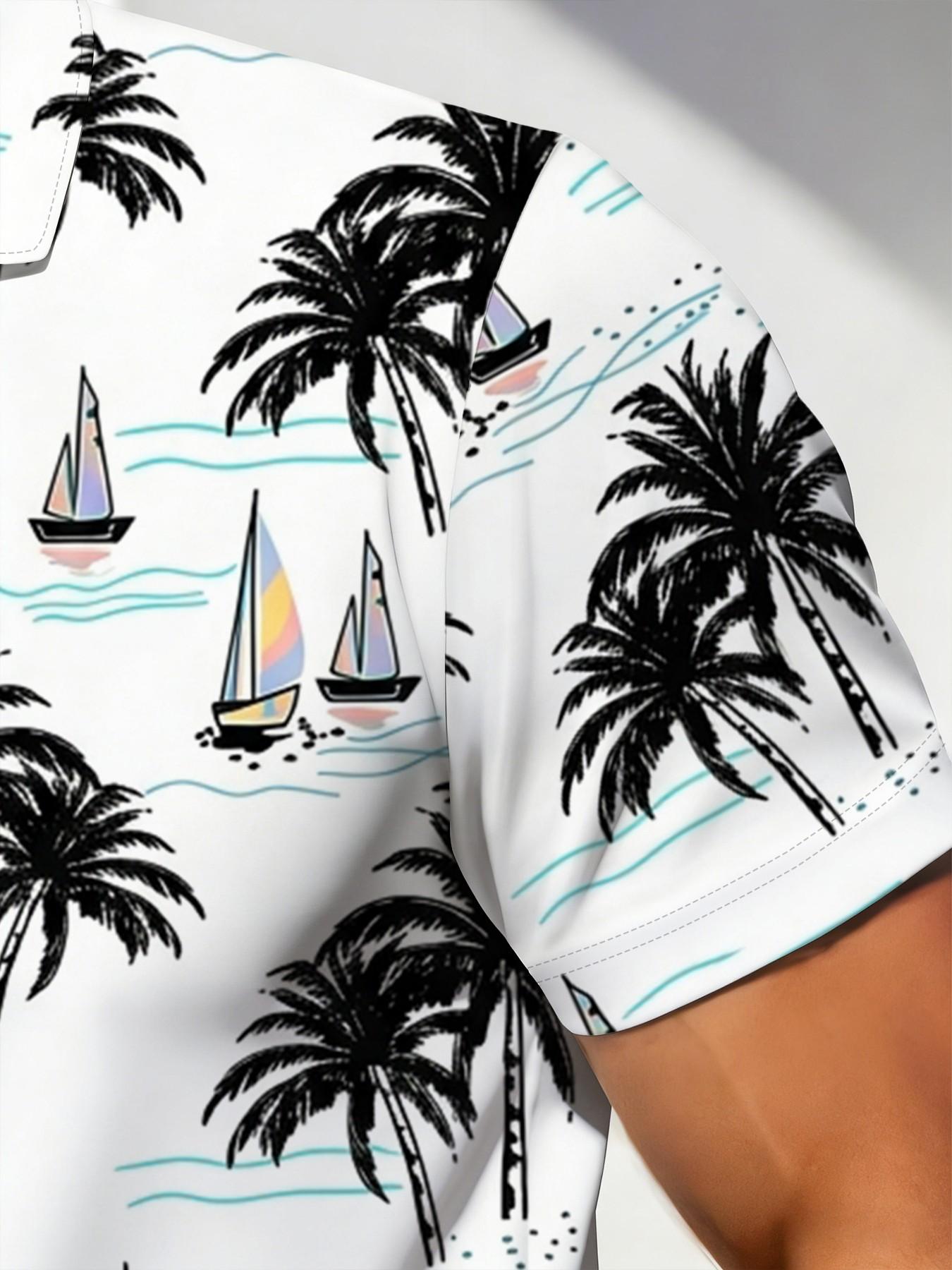 Summer New Men's Polo Shirt Set, Flamingo Palm Tree Sailboat Print, Short Sleeve Shorts Two-Piece Set, Hawaiian Vacation Style