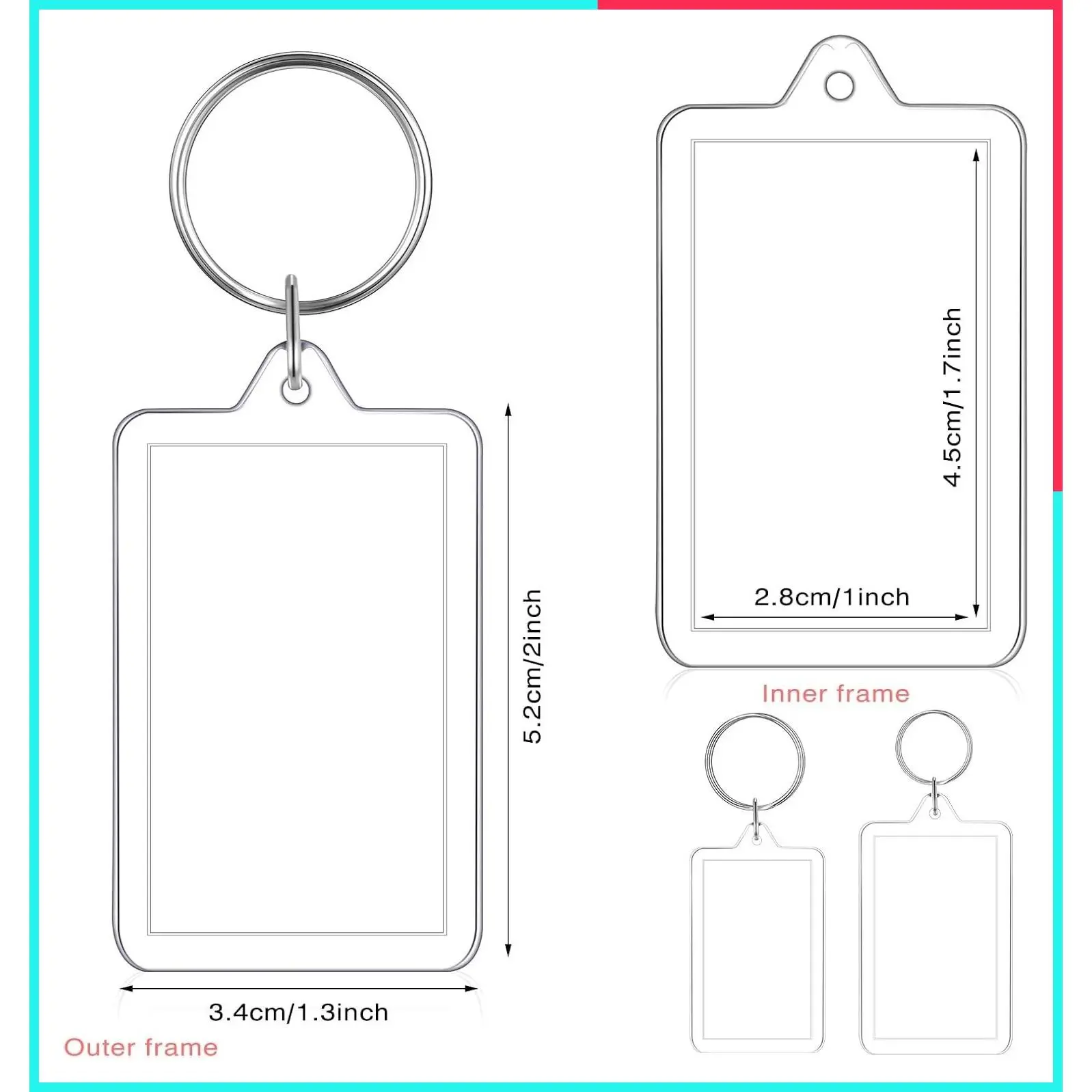 50 Pcs Clear Acrylic Photo Frame Keychain Holders, 1.3 x 2 Inch Picture Insert Blank Keyrings for DIY Craft Making