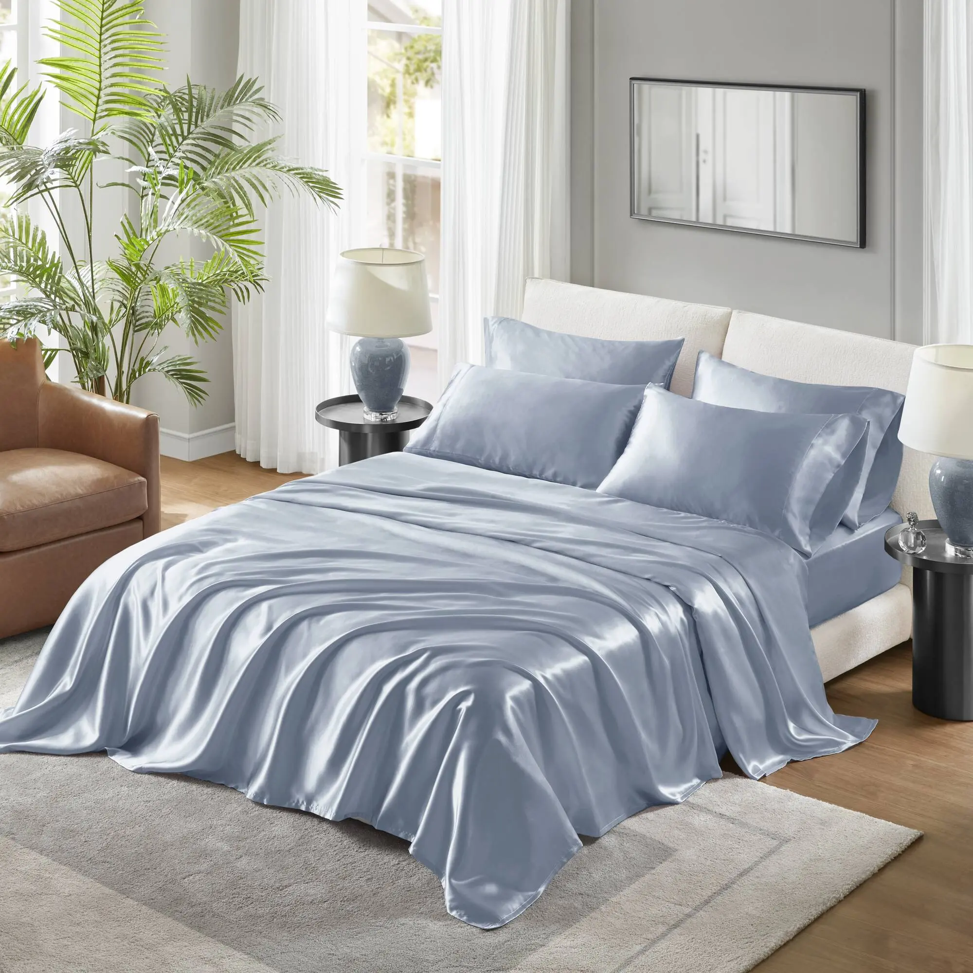 Nokaa Luxury Twin Sheet Set - Wrinkle-Free Polyester Bedding, Deep Pocket Fitted Sheet, Flat Sheet, 4 Pillowcases, Smooth Texture for Hair & Skin, OEKO-TEX Certified, Blue