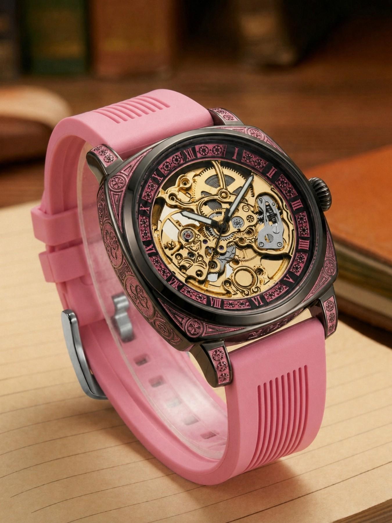Women's Elegant Hollow Out Design Mechanical Style Watches, Fashion Round Dial Silicone Strap Watch, Fashionable Analog Watch for Party, Daily Decor, Trendy All-match & Exquisite Watch for Birthday Gift with Box