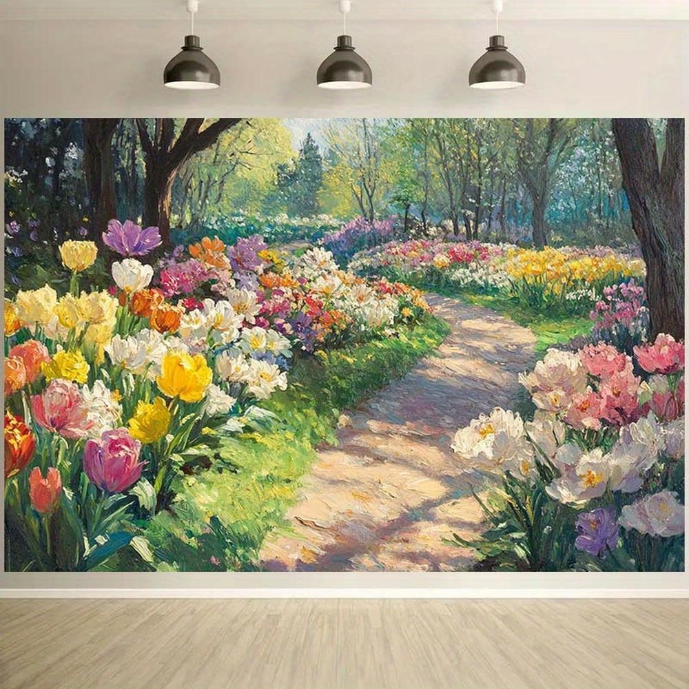 1pc Vibrant Tulip Pathway Wall Mural - Colorful Sunlit Flowers & Lush Greenery, Polyester Fabric Banner for Spring Celebrations, Easter Decor, Birthdays, or Photography Backdrop, Multiple Sizes Av
