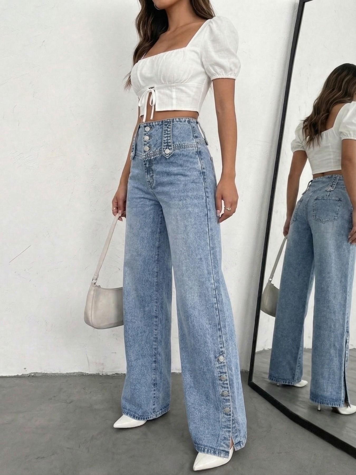 Women's Four-Season Casual Plain Denim Fashion Aesthetic Side Split Button Daily Commute Versatile Fit Mid-Waist Blue Pocket Jeans Pants, Trendy and Comfortable