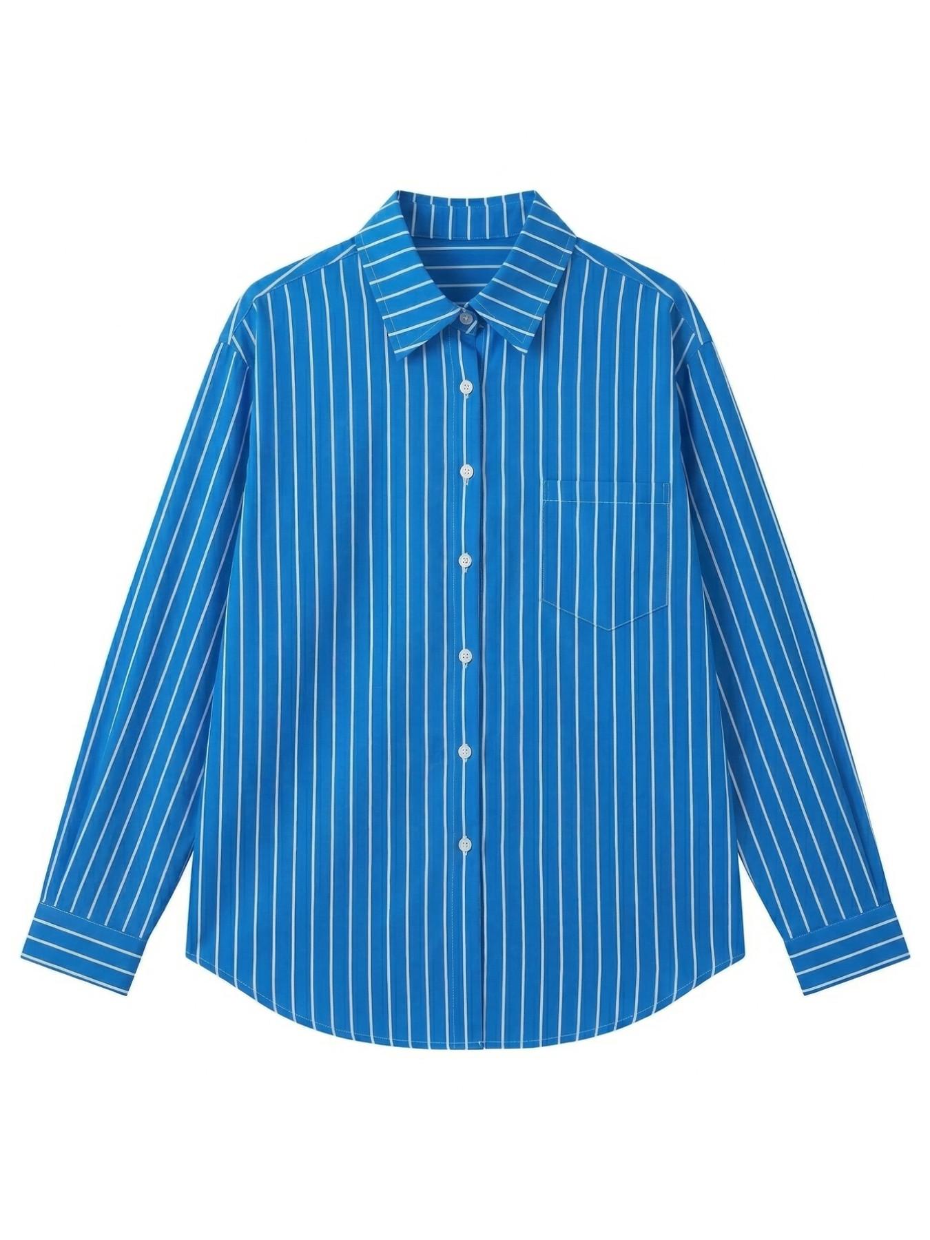 Women's Striped Vintage Blue Beach Vacation Slimming Shirt, Loose Casual Top, Spring New Fashion, Ladies Hooded Cardigan