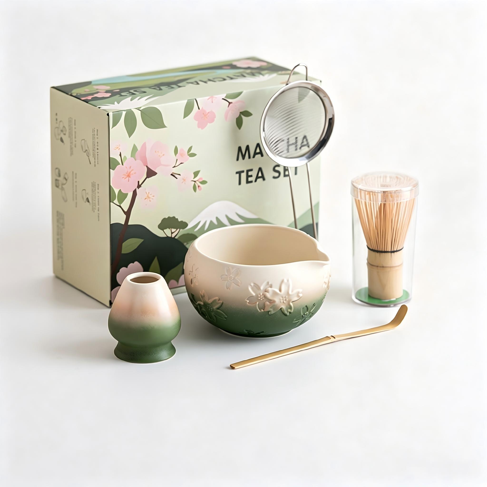Traditional Japanese Matcha Tea Set, Includes Ceramic Bowl, Bamboo Chasen, Stainless Steel Sieve, Cotton Teapot Spoon, Ideal for Home or Café
