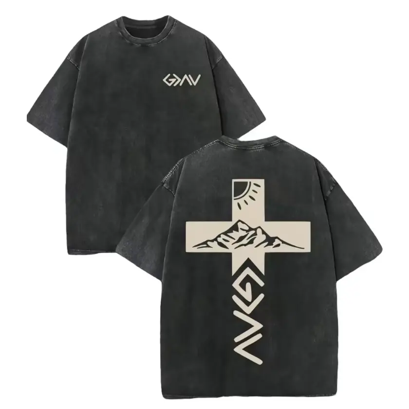 Vintage Washed GOD Mountain Cross Graphic Cotton Oversized Tee Comfort Fashion Outfit Christian Faith Tshirt Perfect Valentine Gift For Him Her Family Believer Lover Cute Outdoor Daily Top