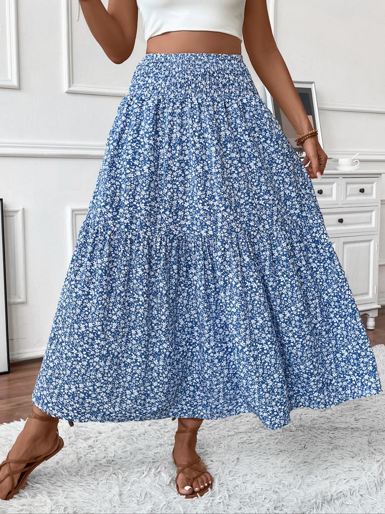 Women's Floral Casual A-Line Ruffled Skirt, Elastic Waist Pockets, Leaf Hem, Long Fitted Skirt, Fashionable Mid-Length Dress