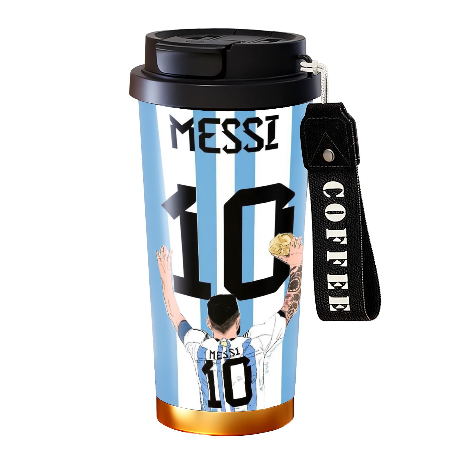 Auracup 18 oz Soccer Vacuum Tumbler, Messi 10 Design Double-Wall Stainless Steel Insulated Mug with Lid and Strap, Leak-Proof Skinny Portable Thermal Cup for Hot and Cold Drinks, Football Fan Coffee Travel Mug