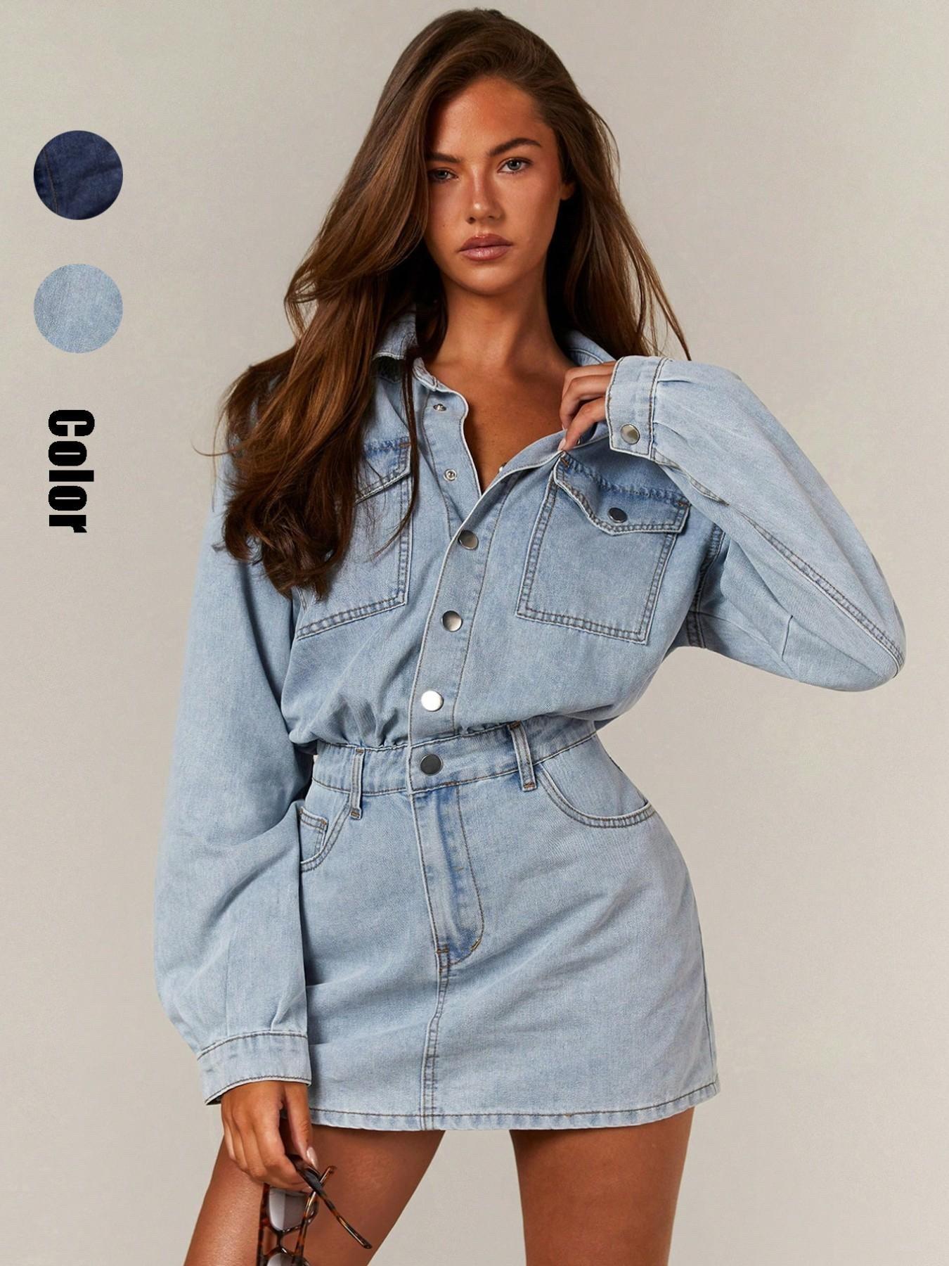 Women's Long Sleeve Utility Pocket Single-Breasted Casual Light Wash Denim Dress, Shirt Collar Classic Style, Waist-Cropped Design for All Body Types, Essential Streetwear Piece