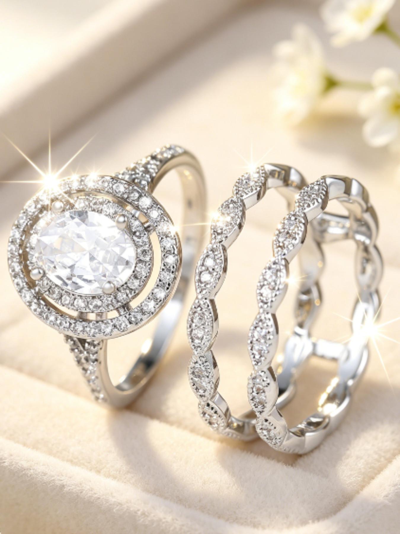 Super Large Shimmering Synthetic Oval Zircon Three-Piece Elegant Ring Set, Birthstone Engagement Ring, Luxurious Fashion Classic, Perfect for Weddings, Parties, Dates, Holidays