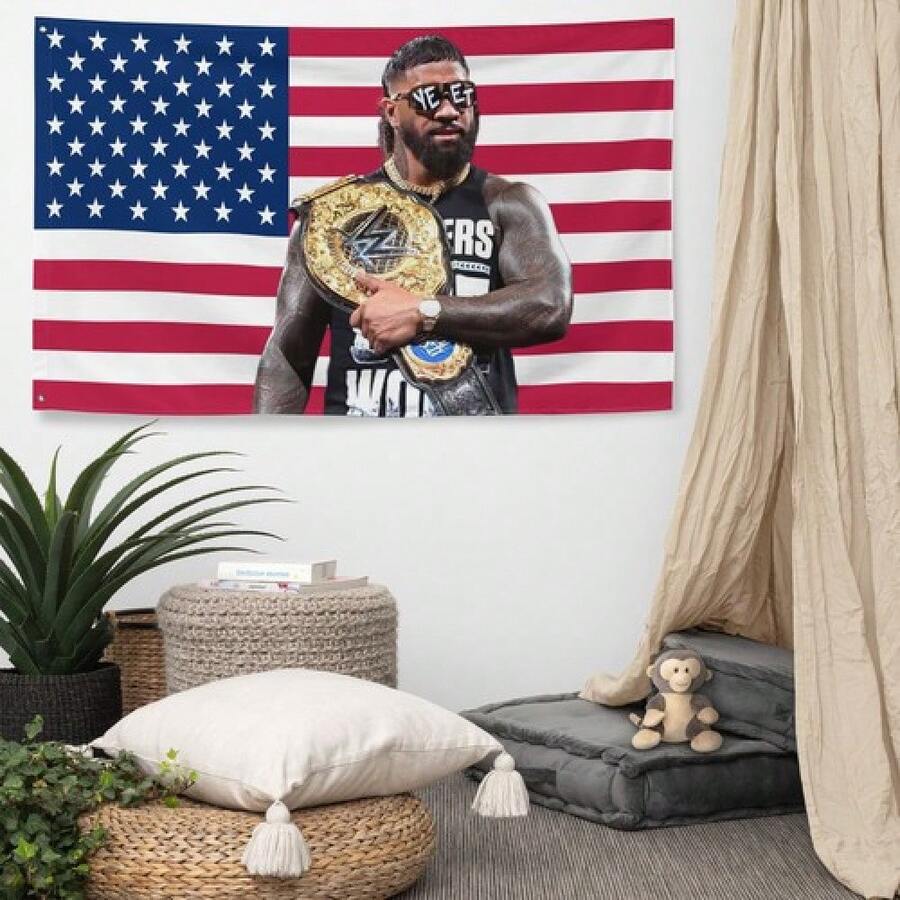 J U Y Wrestling Banner, American Flag Background with Champion Belt Design, 3x5 Ft Indoor & Outdoor Wall Decor Flag for Wrestling Fans