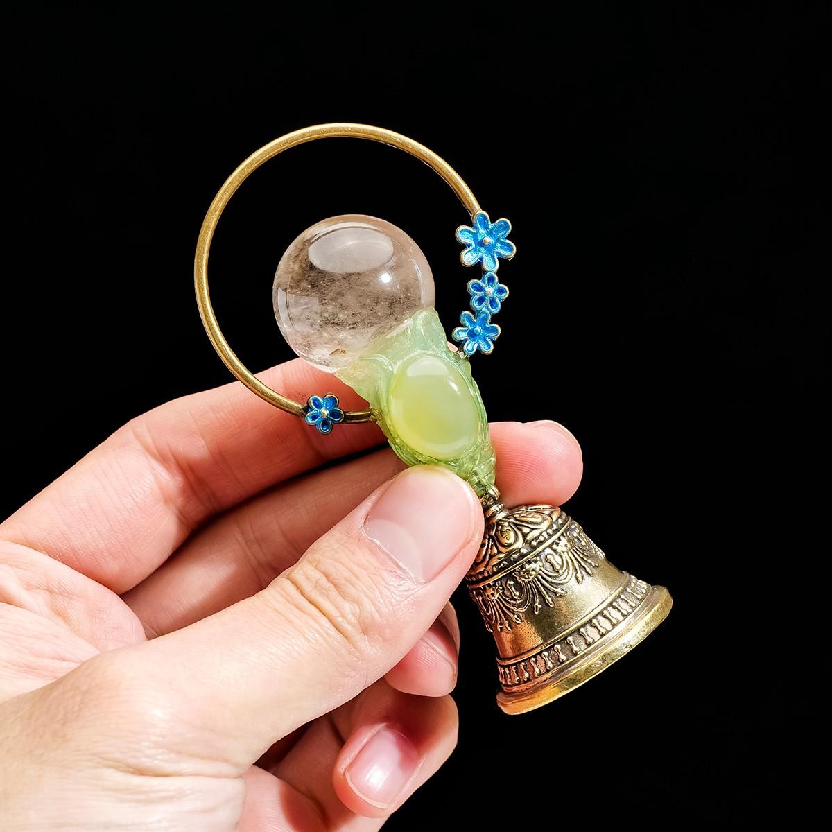 Natural Crystal Ball Brass Hand Bell, Copper Feng Shui Healing Bell, Home Decoration, Christmas Bell Gifts & Souvenir, 1pc