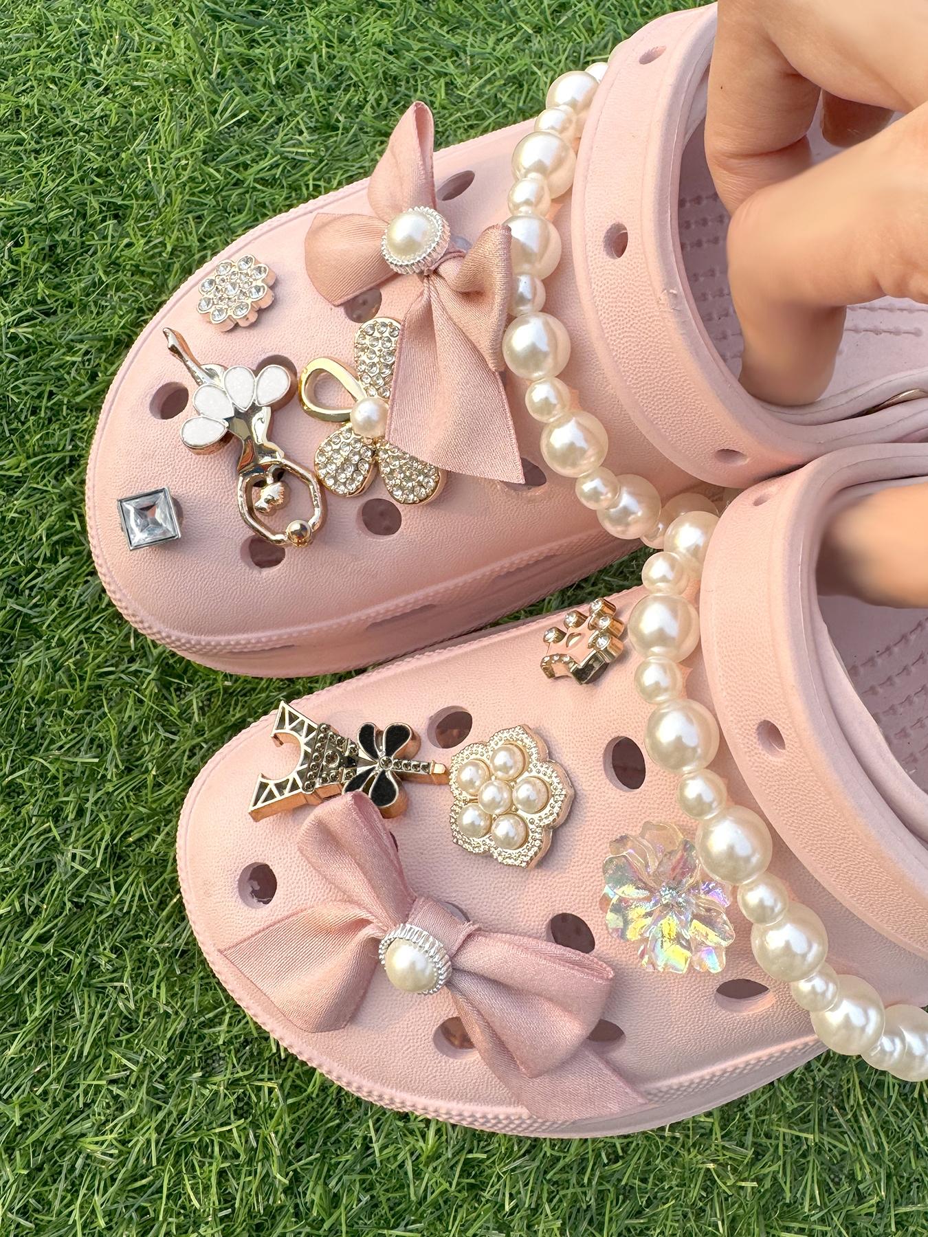 Cute Bowknot & Flower Design Faux Pearl Decor Clogs Charms, 12pcs/set Tower & Crown Design Shoes Charms, Shoes Accessories for Clogs DIY for Women & Girls, Rhinestone Shoe Decoration