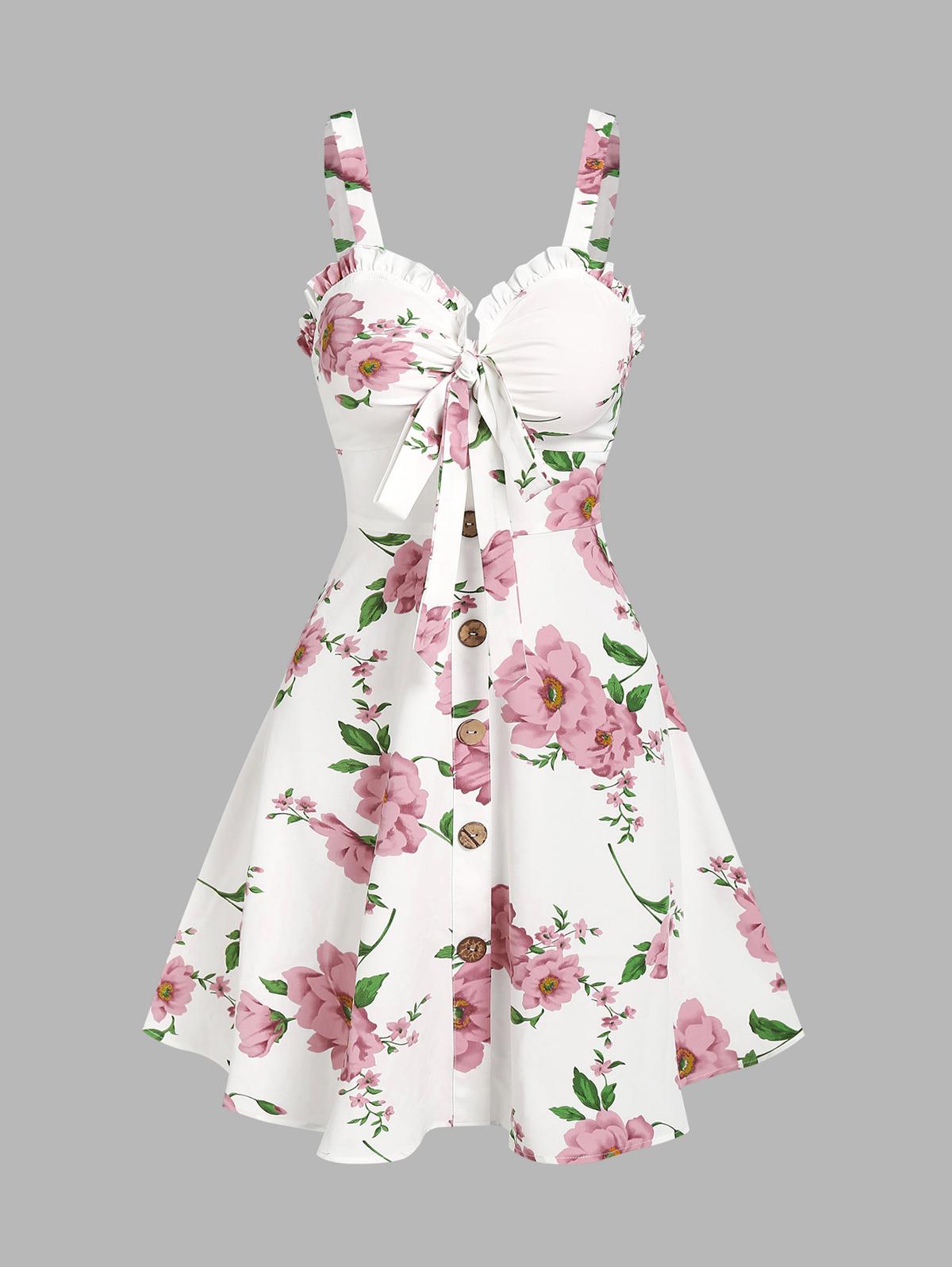 Women's Fashion Summer Dresses 2025 Floral Print Vacation Sundress Garden Party Dress Smock Back Ruffled Bowknot Mini Dress