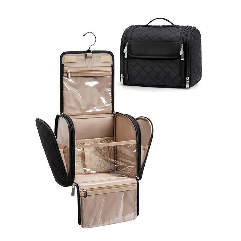Portable Diamond Pattern Makeup Bag, Layered Large Capacity Design, Hangable Storage for Various Items, Convenient and Stylish