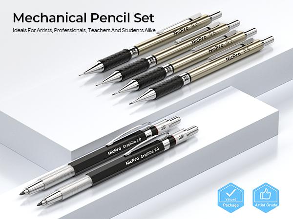 Nicpro 6 Pack Art Mechanical Pencil Set, 4 Pack Metal Drafting Pencil 0.3mm & 0.5 mm & 0.7 mm & 0.9 mm & 2 Pack 2mm Lead Holder (6B 4B 2B HB 2H 4H) For Sketching Drawing With 20 Tube Lead Refills Case