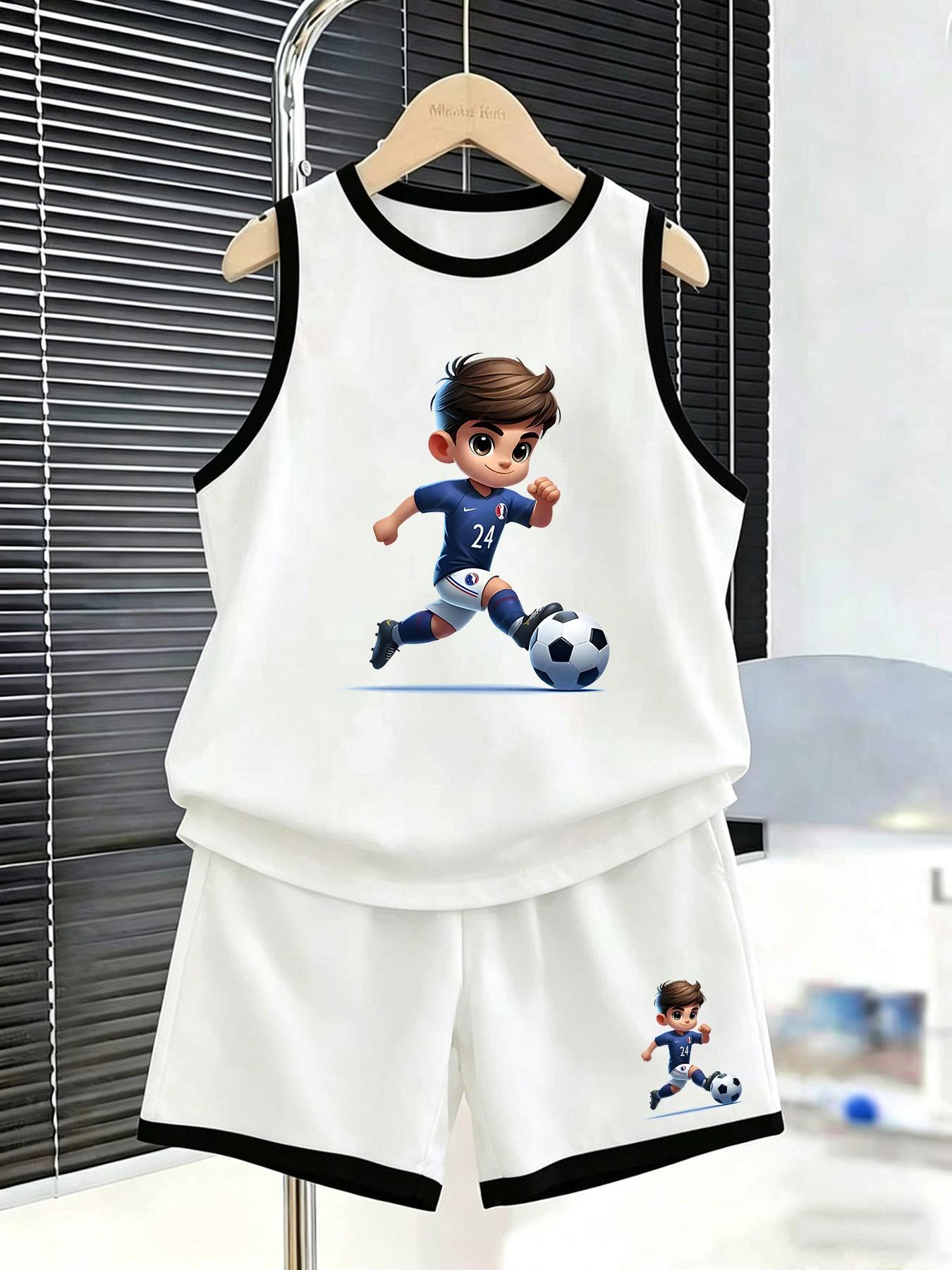 Summer Boys' Sport Set, Tank Top and Shorts, Cartoon Football Print, Loose-Fit, Sporty Style, Two-Piece for Kids