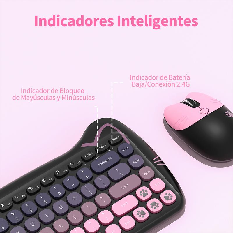 Mofii Pink Cat Keyboard and Mouse Combo, 2.4G Wireless Connection, Cute Aesthetic, Silent Office Use, Compact 2-Zone Keyboard, Universal for Desktops & Laptops, US QWERTY Layout (Batteries Not Included)