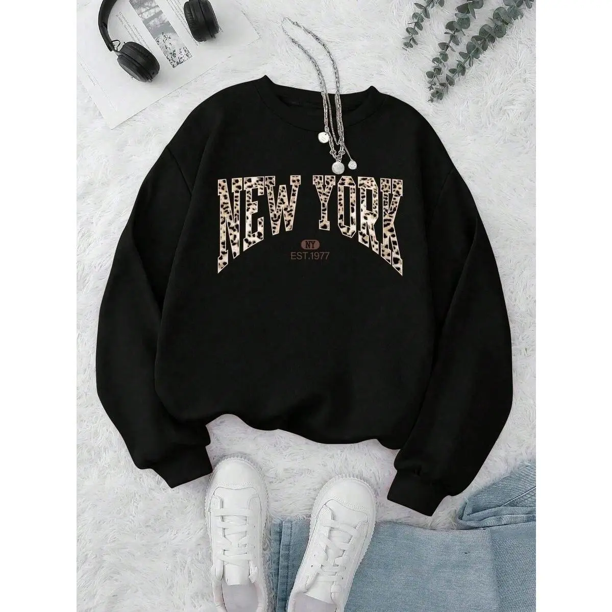 Leopard Print Slogan Graphic Crew Neck Long Sleeve Sweatshirt For Women,Long Sleeve Tops Casual Black